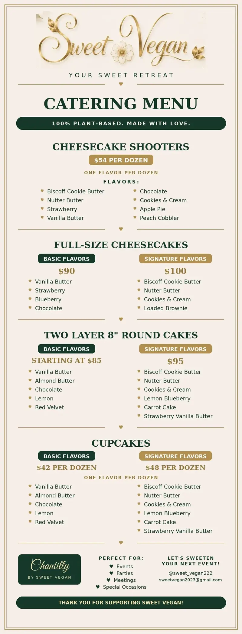 Sweet Vegan dessert and catering menu with prices